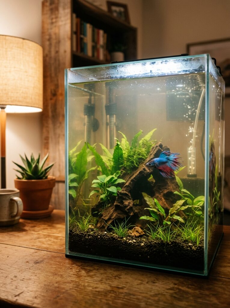 Slightly cloudy beginner betta fish tank during early aquarium cycling