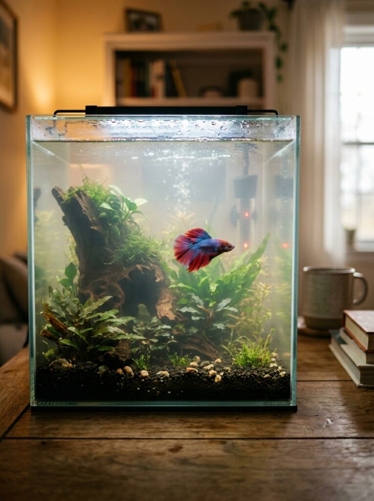 Beginner betta fish tank with a mild bacteria bloom causing cloudy water
