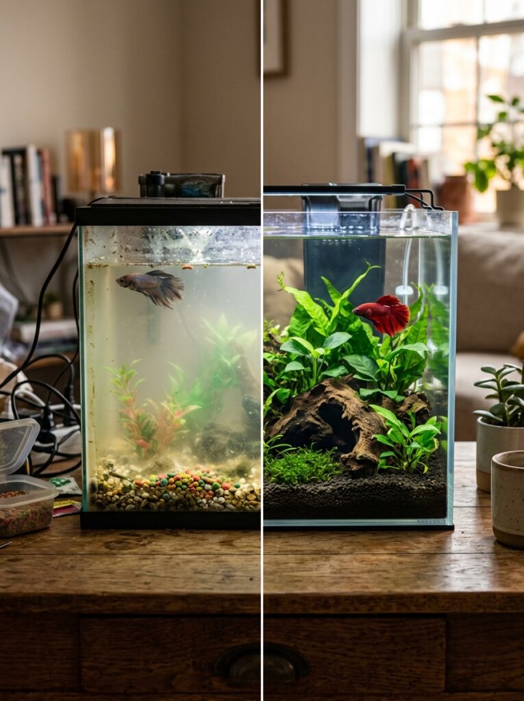 Overfed betta fish tank with cloudy water beside a clean balanced aquarium