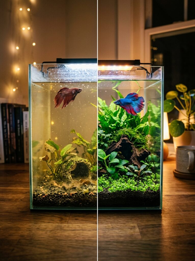 Dirty aquarium substrate causing cloudy water inside a beginner betta tank