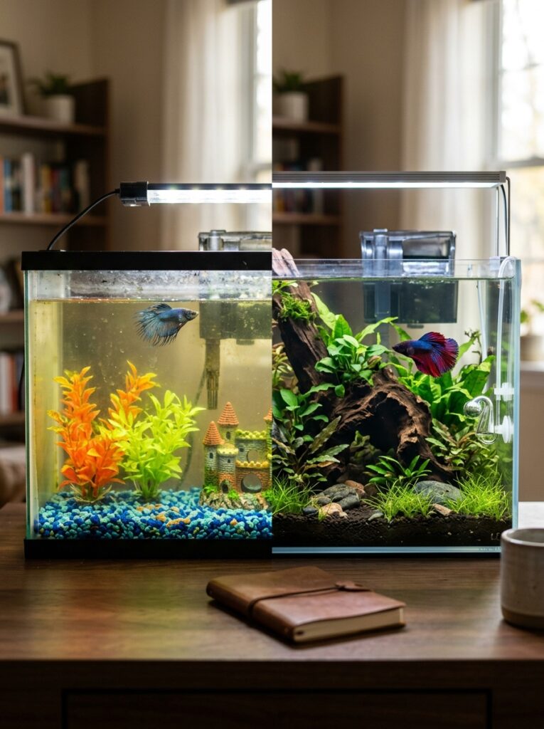 Poor aquarium filtration causing cloudy stagnant water in a betta fish tank