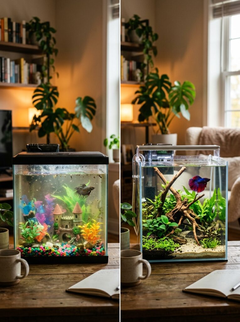 Overcrowded aquarium decorations trapping debris inside a cloudy betta tank