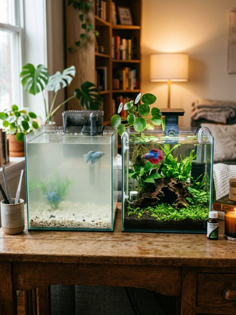 Overcleaned beginner betta fish tank with unstable cloudy aquarium water