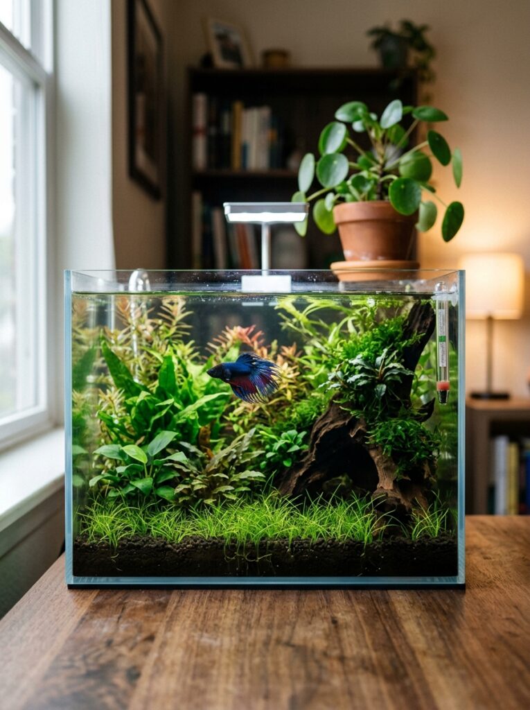 Crystal clear planted betta fish aquarium with healthy live aquatic plants