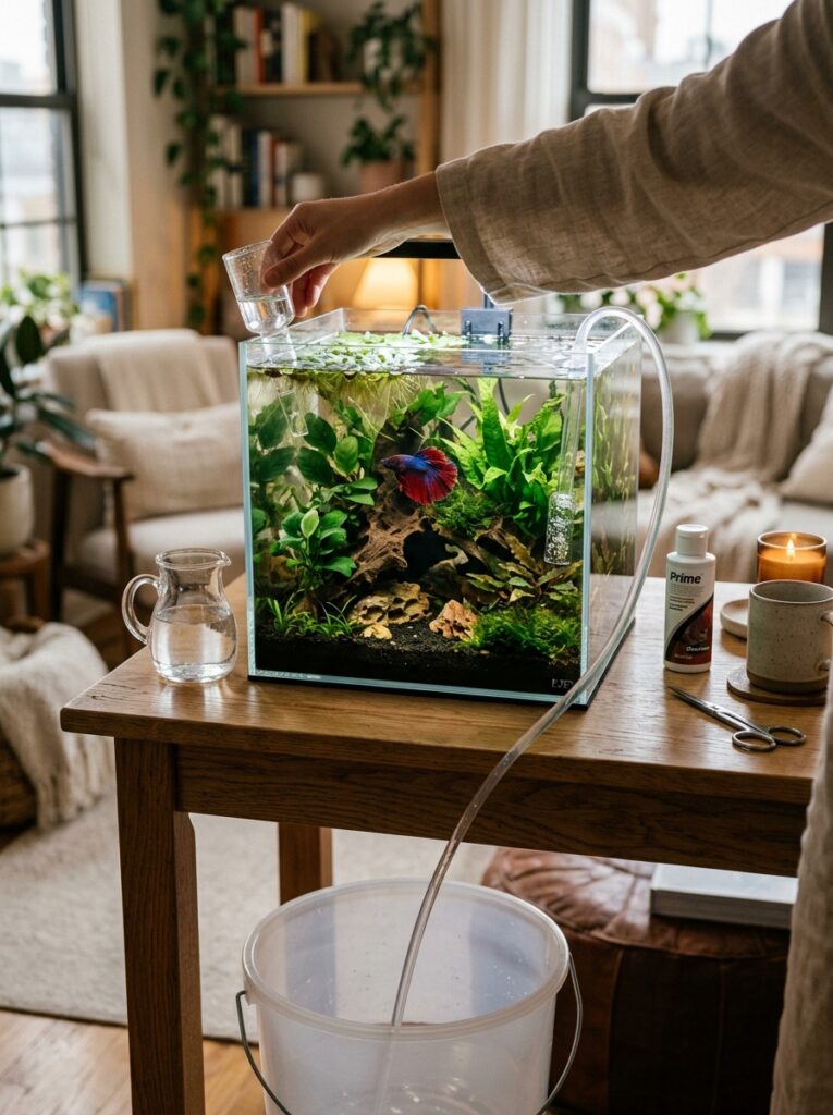 Cozy beginner betta fish aquarium during a calm maintenance routine
