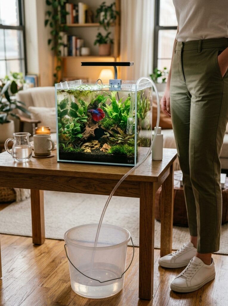 Crystal clear minimalist planted betta fish aquarium with balanced ecosystem