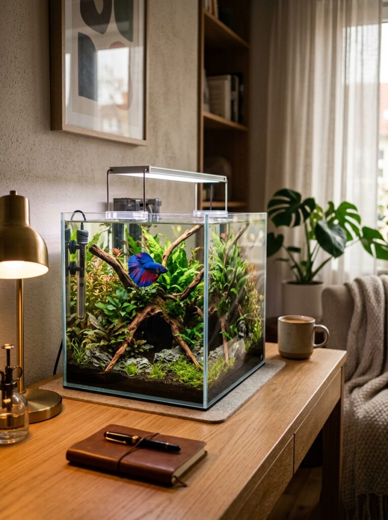 Cozy beginner betta fish tank setup inside a modern small apartment