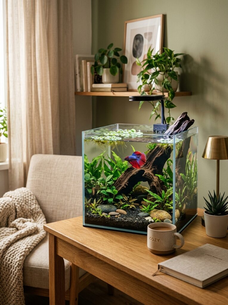 Properly sized beginner nano aquarium for a betta fish in a small apartment