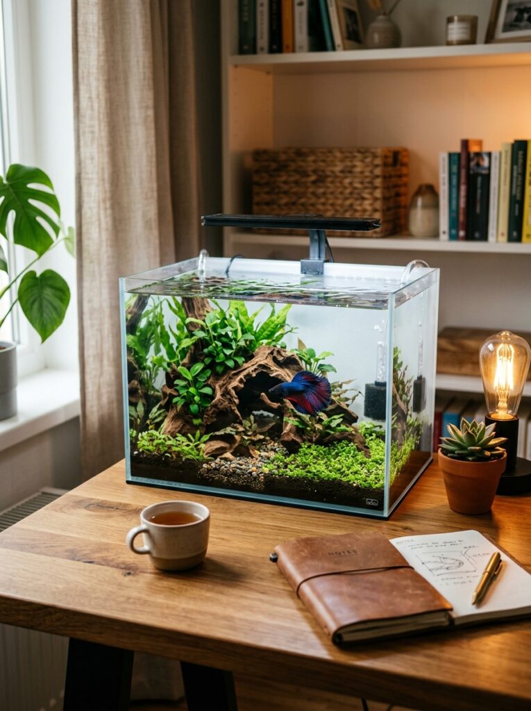 Cozy desk setup with a planted beginner betta fish nano aquarium