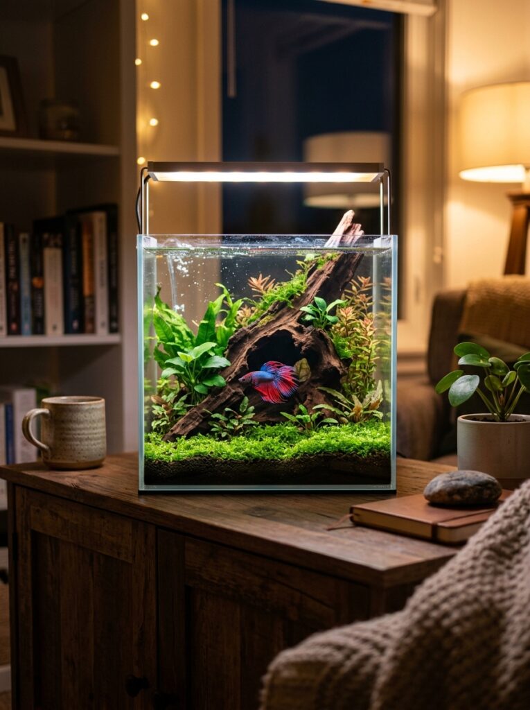 Warm ambient lighting inside a cozy beginner betta fish apartment setup