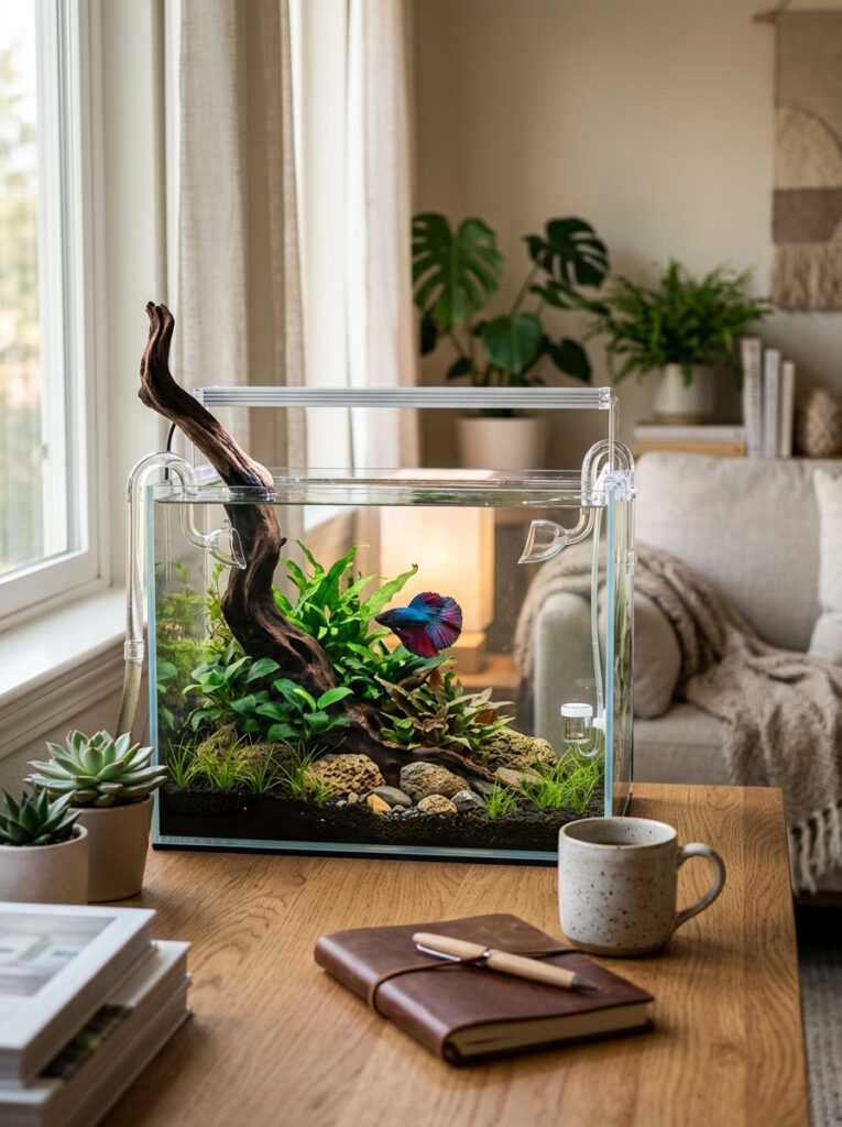 Minimalist beginner betta fish aquascape inside a modern apartment