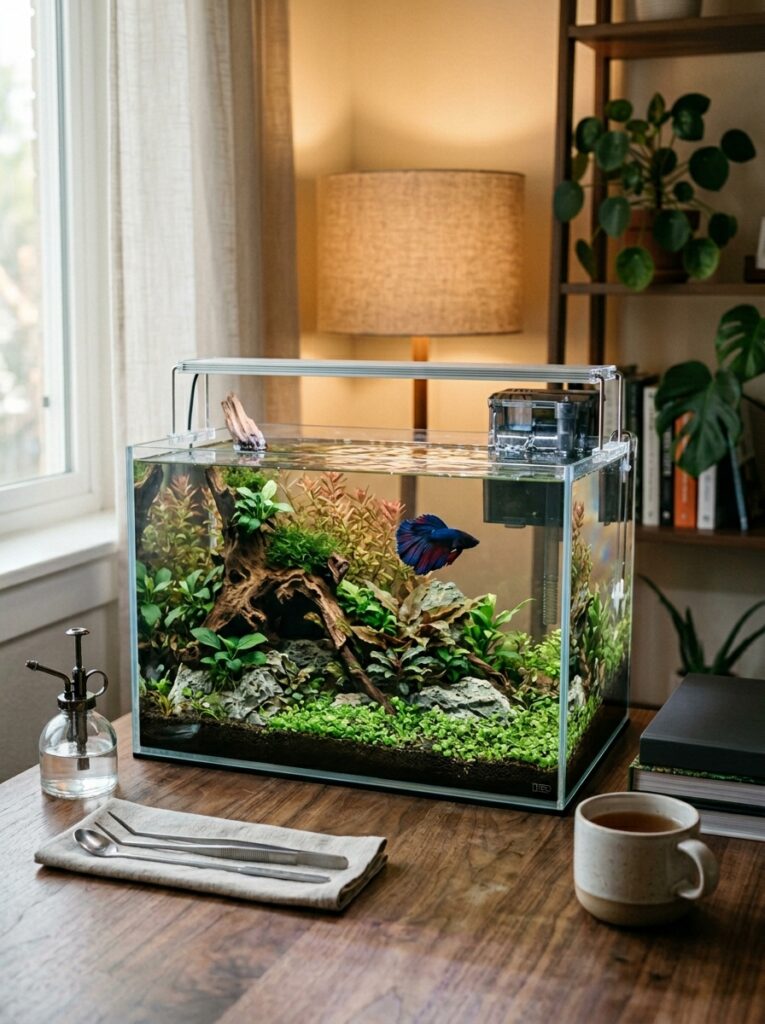 Balanced live plant placement inside a beginner betta fish nano aquarium
