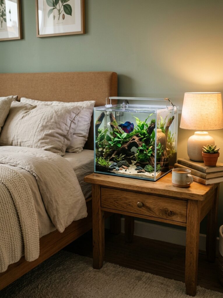 Cozy bedroom corner with a planted beginner betta fish aquarium