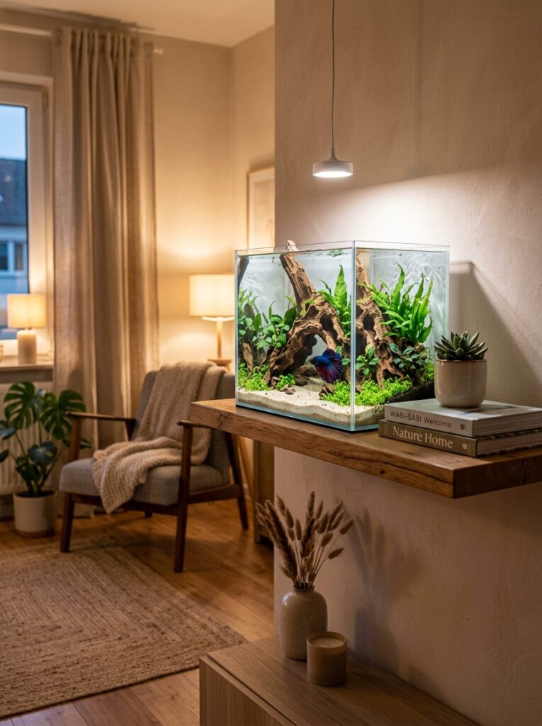 Space-saving beginner betta fish nano aquarium inside a studio apartment