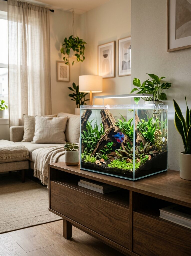 Modern apartment interior matching a minimalist planted betta fish tank