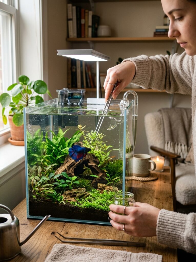 Clean beginner betta fish aquarium during a calm maintenance routine