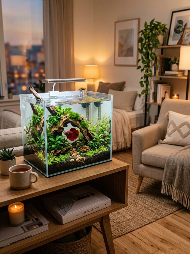Relaxing beginner betta fish nano aquarium integrated into cozy apartment decor