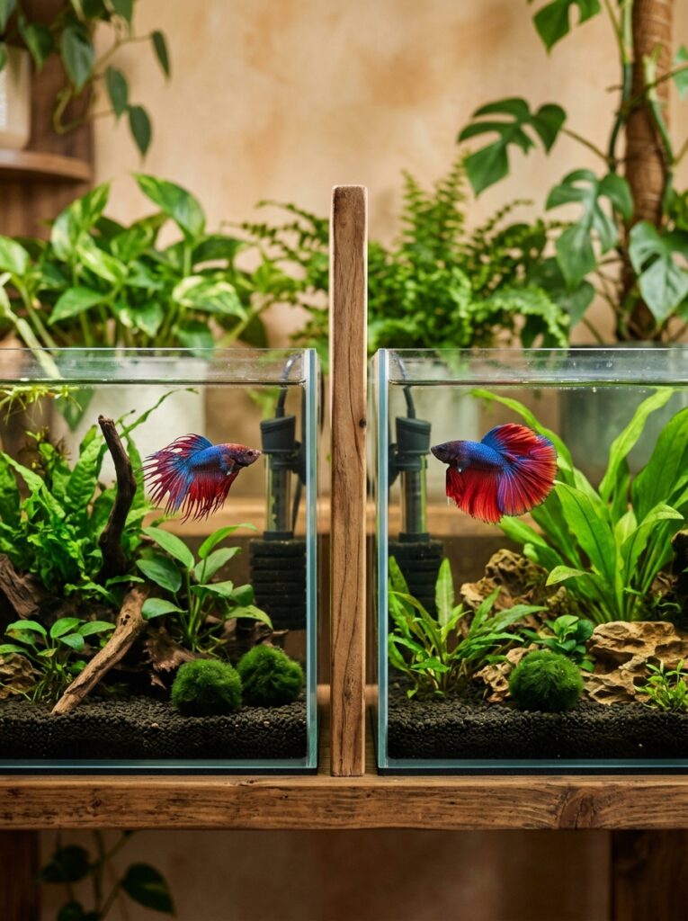 Side by side comparison of betta fish with damaged fins versus healthy flowing fins in cozy planted nano aquariums