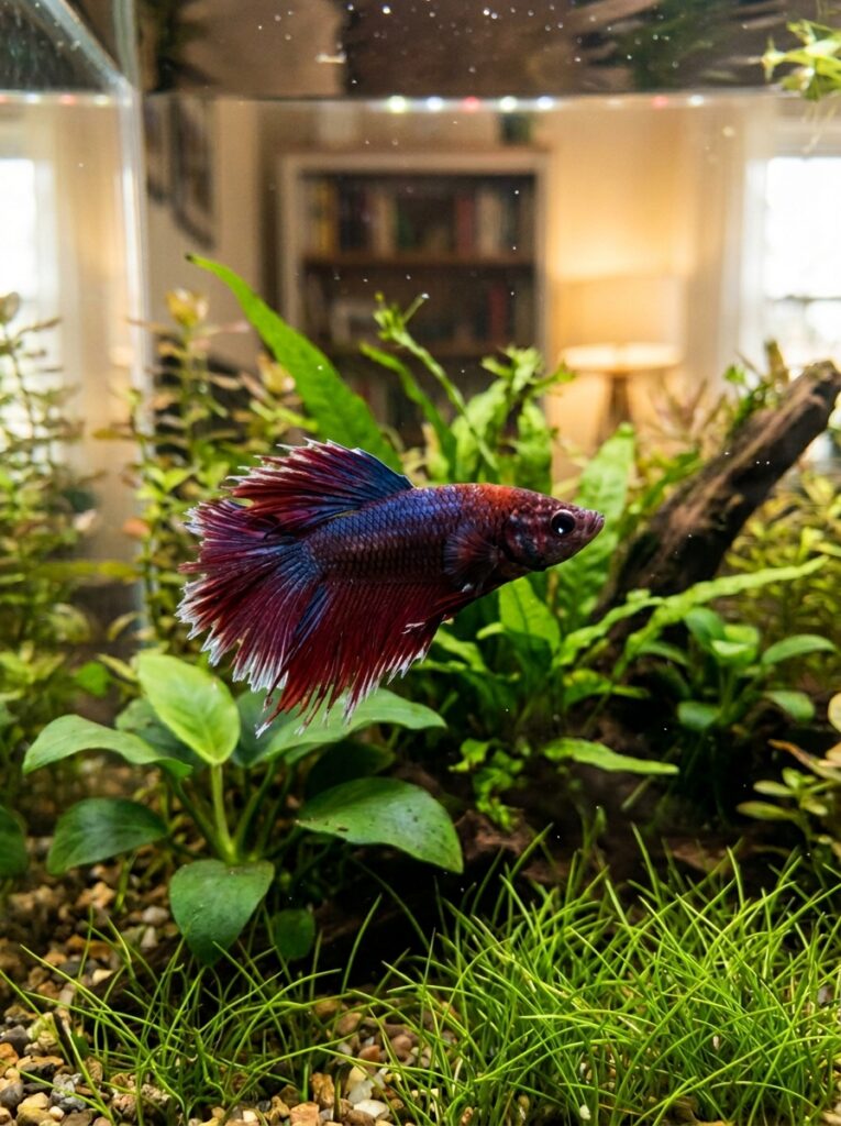 Close up of betta fish showing mild fin damage with white edges swimming in a clear planted nano tank with warm lighting