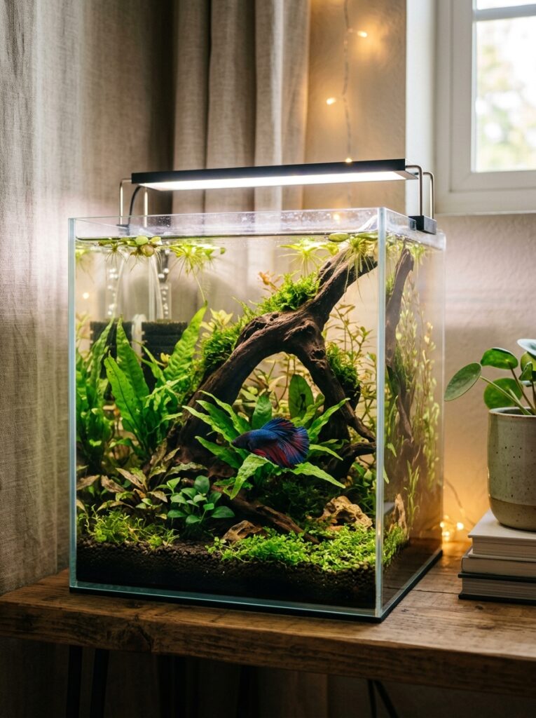 Peaceful planted nano betta tank in a cozy modern apartment corner with warm ambient lighting and plenty of hiding spots