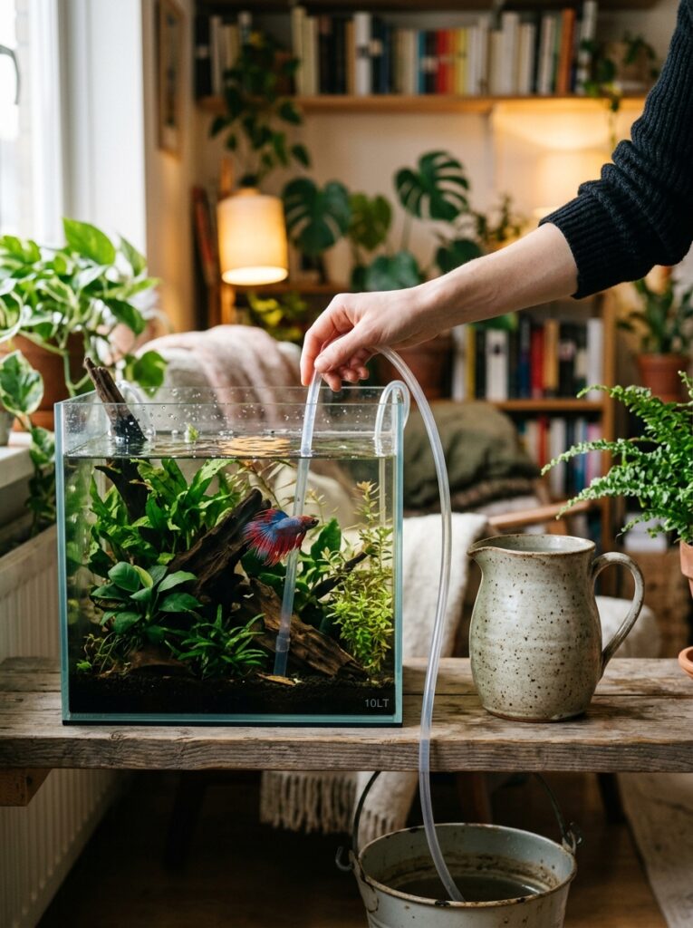 Gentle water change being performed on a small planted betta nano tank using a siphon in a cozy apartment setting