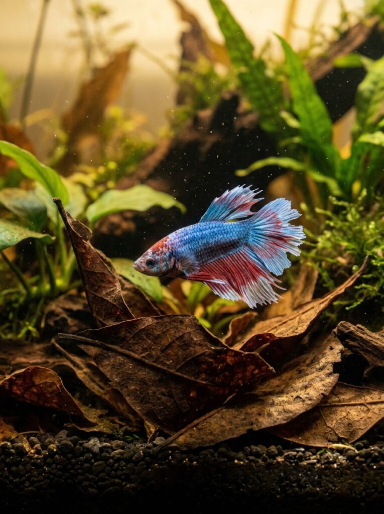Betta fish with improving fins swimming among Indian almond leaves in a clear nano aquarium with soft warm lighting
