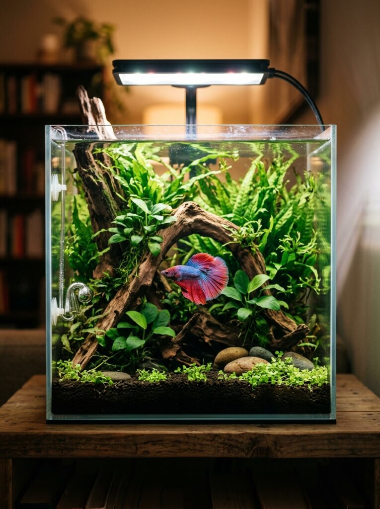 Lush planted nano betta tank featuring smooth driftwood, anubias and java fern with a healthy betta fish