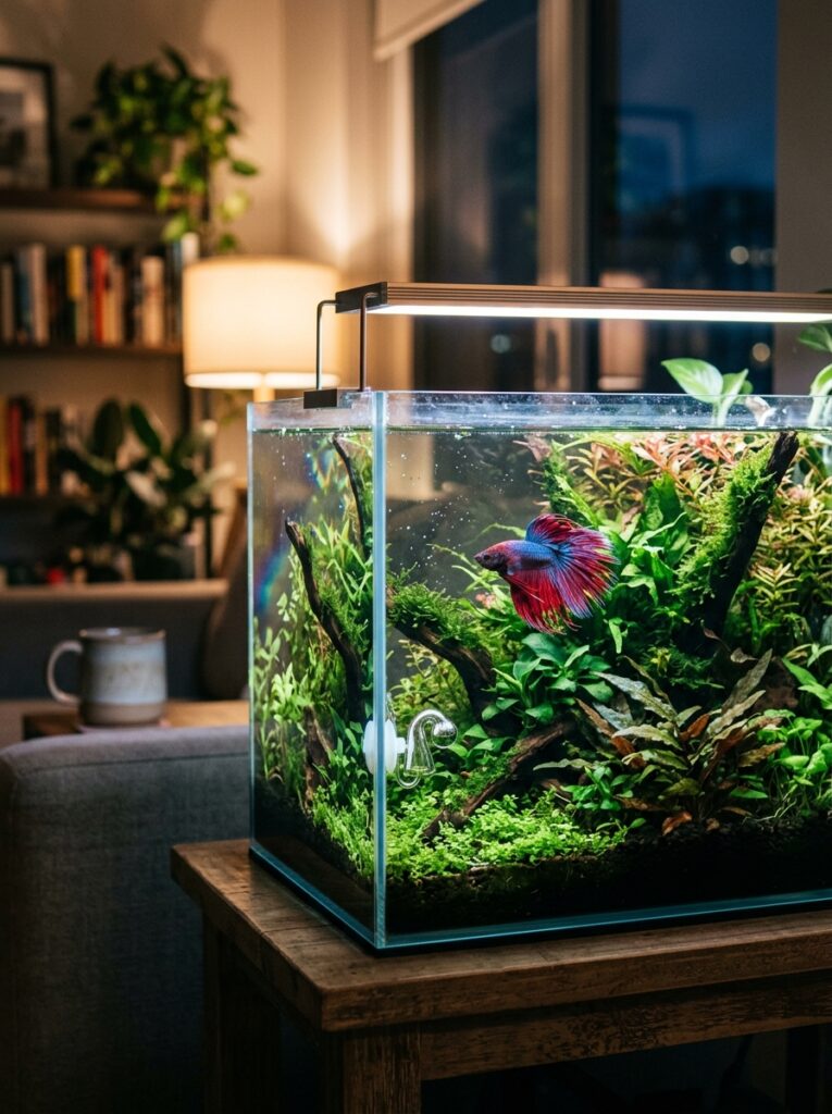 Thriving betta fish with full beautiful fins in a mature planted nano aquarium in a cozy evening apartment setting
