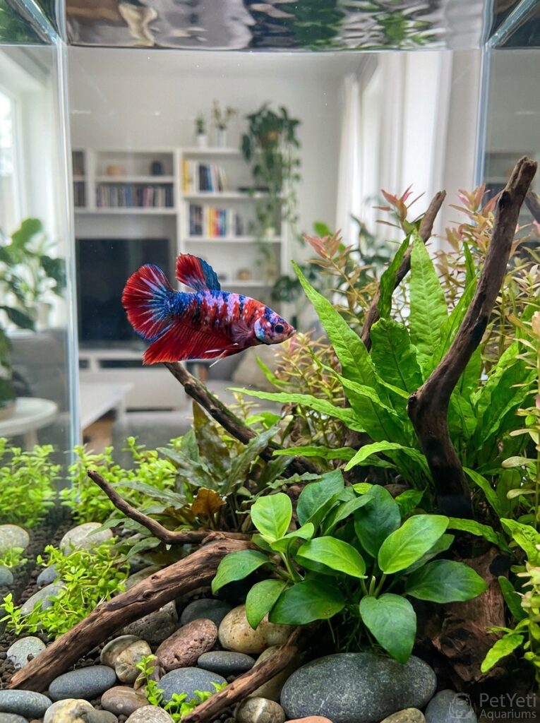 Healthy Betta fish swimming confidently through a thriving planted aquarium.