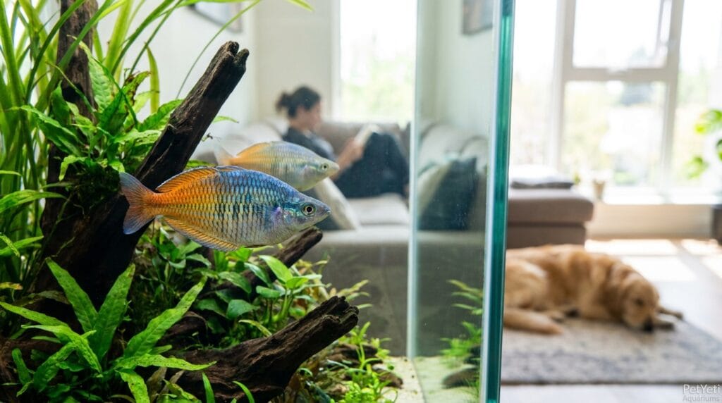 Colorful community fish beside a slightly faded fish in a planted aquarium.