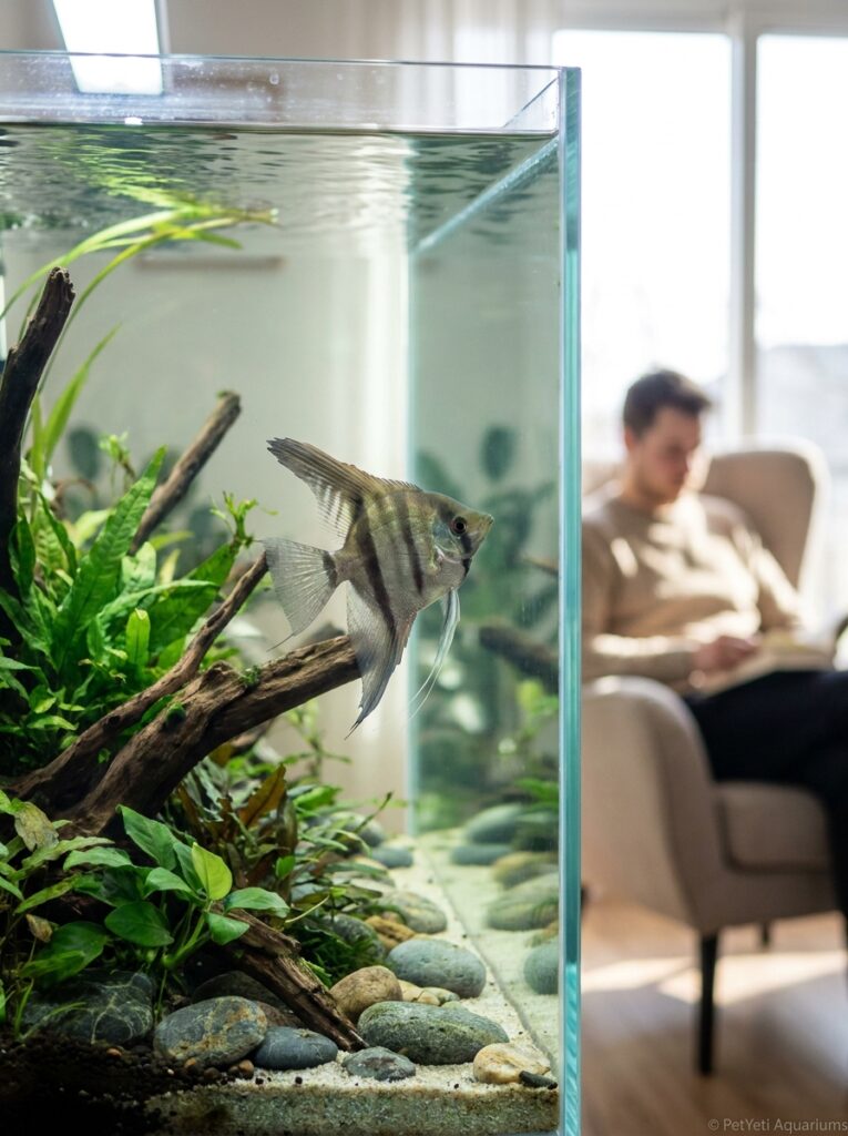 Community fish with mild color fading caused by environmental stress.
