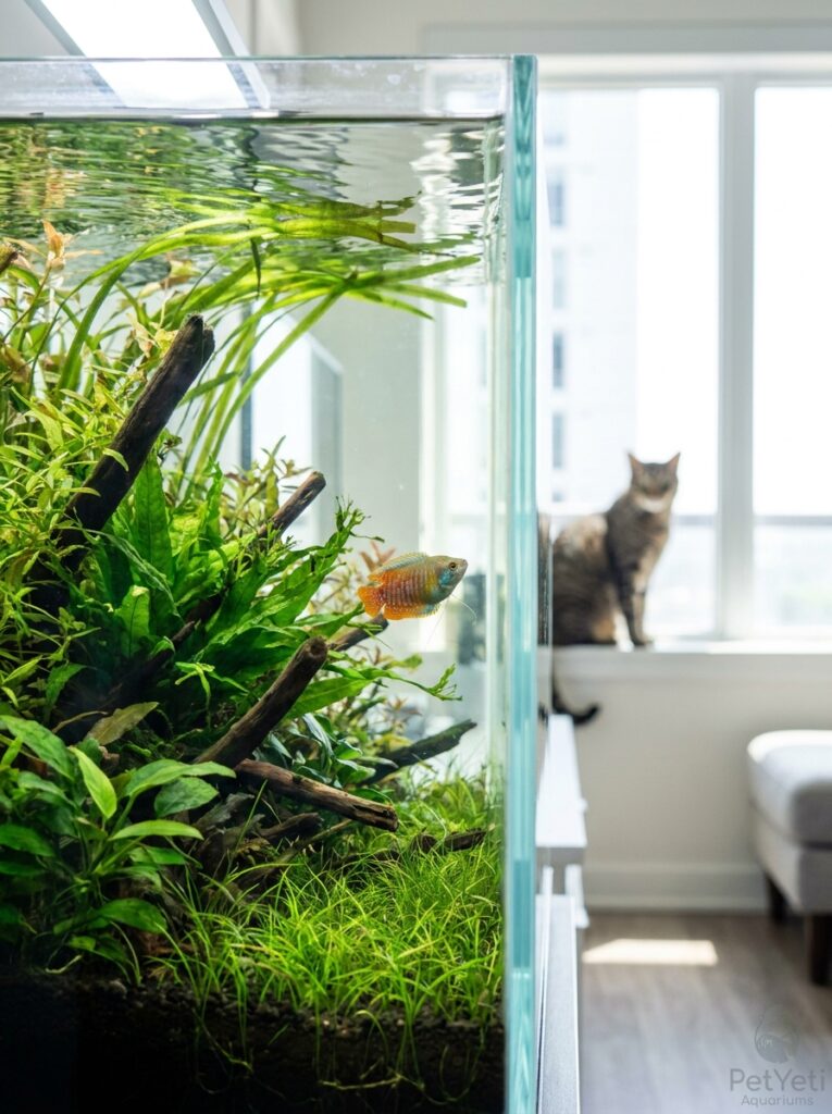 New fish adjusting to a planted aquarium in a modern home.