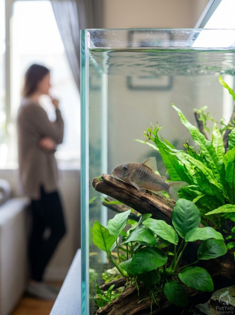 Community fish with slightly muted coloration in a healthy planted aquarium.