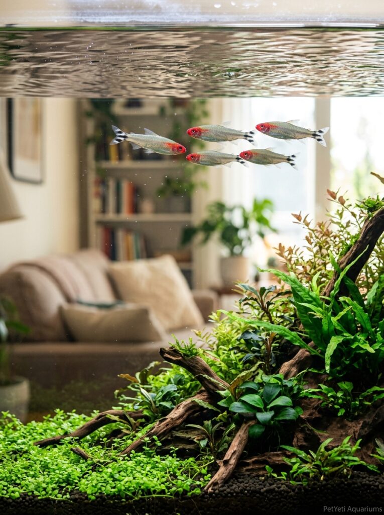 Healthy freshwater fish swimming near the upper portion of a planted aquarium.