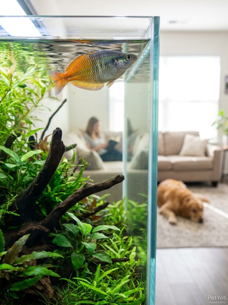 Community fish displaying mild rapid breathing in a planted aquarium.