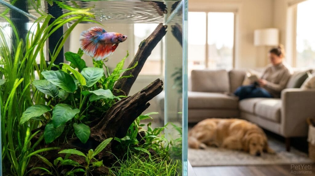 Community fish displaying mild rapid breathing in a planted aquarium.