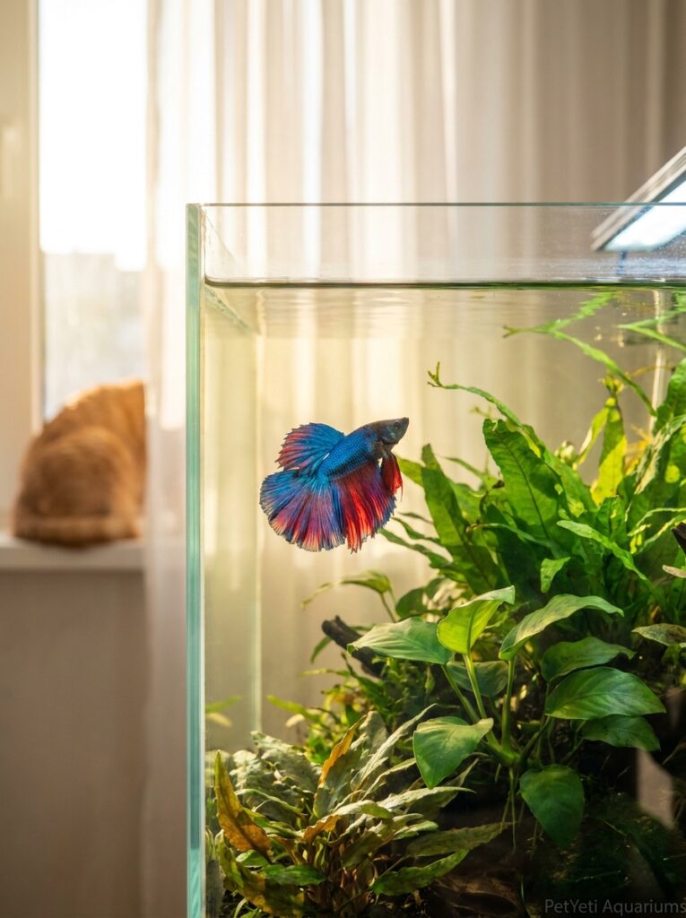 Community fish in a planted aquarium during warm daytime conditions.