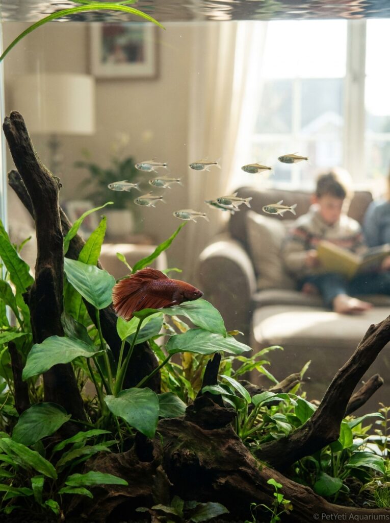 Peaceful fish resting among plants in a community aquarium.