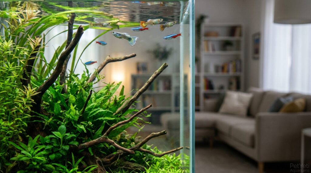 Healthy freshwater fish swimming near the upper portion of a planted aquarium.