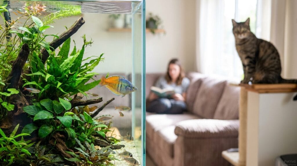 Why is my fish swimming erratically? Active community fish swimming through a planted aquarium.