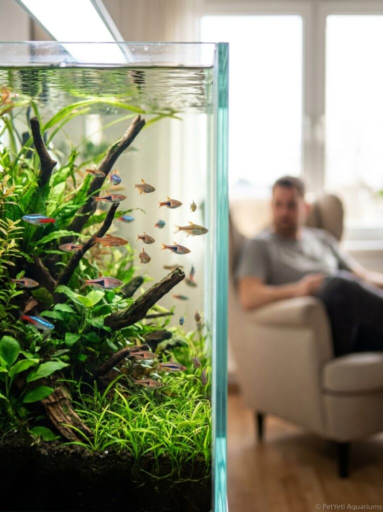 Community fish swimming actively through a healthy planted aquarium.