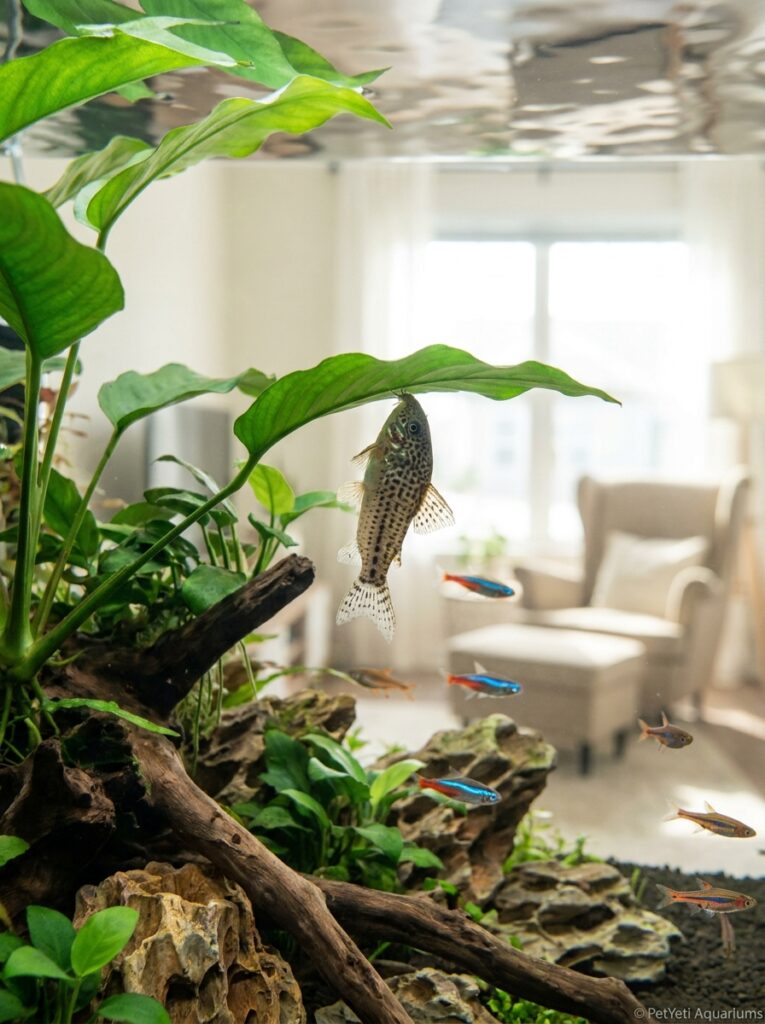 Fish displaying unusual swimming behavior in a planted aquarium.