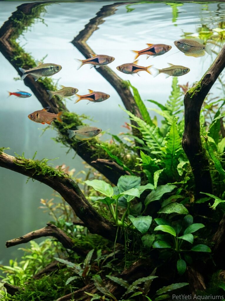 Surface-oriented freshwater fish swimming naturally near the top of a planted aquarium.