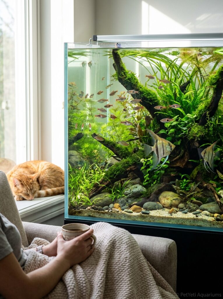 Healthy thriving aquarium with active fish and lush aquatic plants.