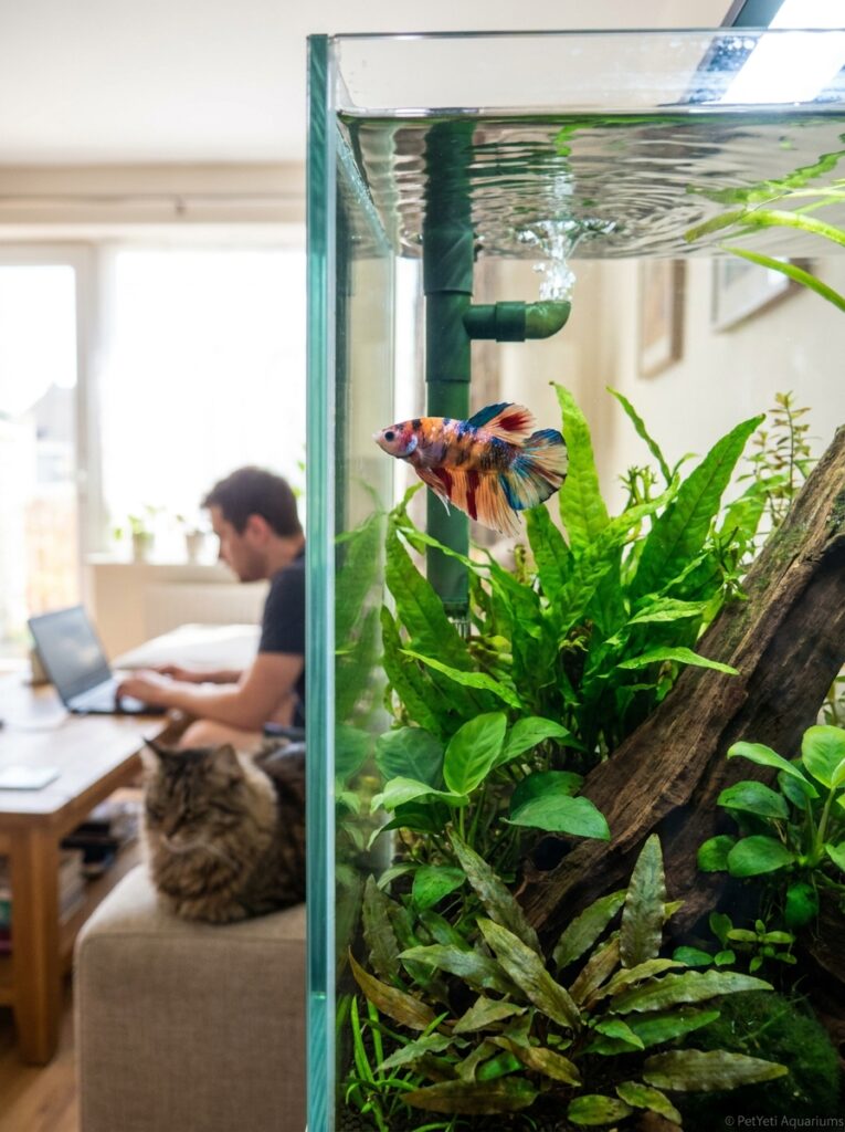 Community fish resting near filter flow in a planted aquarium.