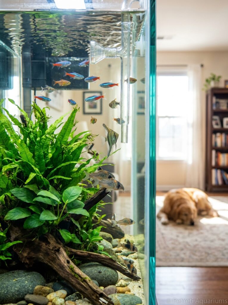 Several fish gathered near a filter outlet in a planted aquarium.