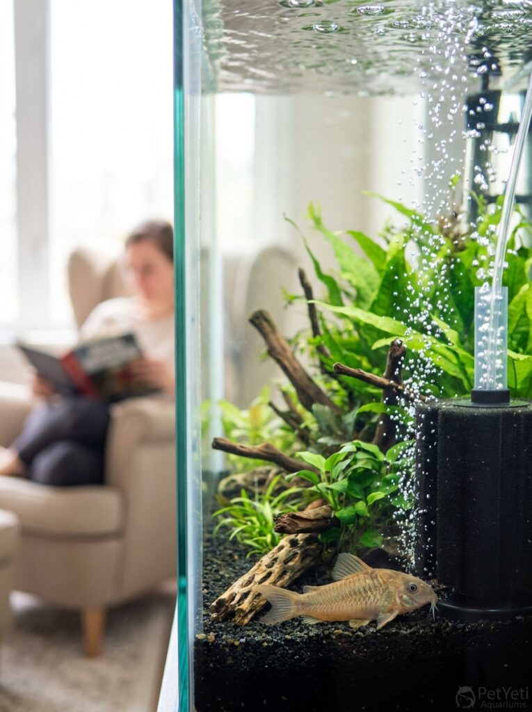 Peaceful fish resting near a filter in a planted tank.