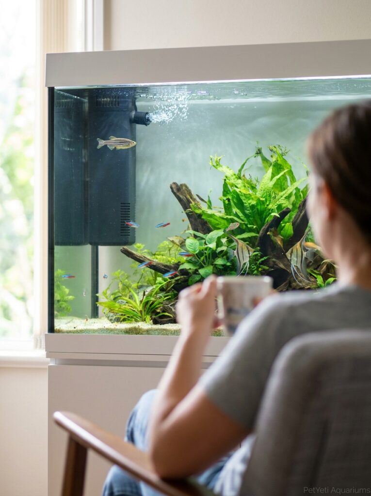 Community fish staying close to a filter outlet.