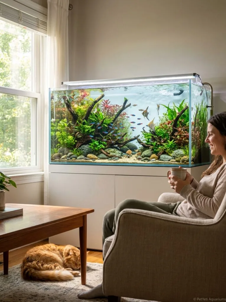 Healthy aquarium with active fish and balanced water movement.
