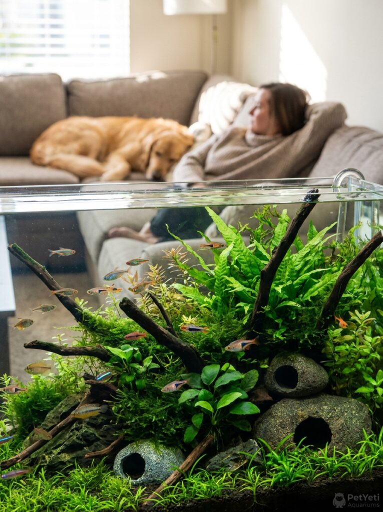 Heavily planted aquarium with multiple hiding spaces for fish.